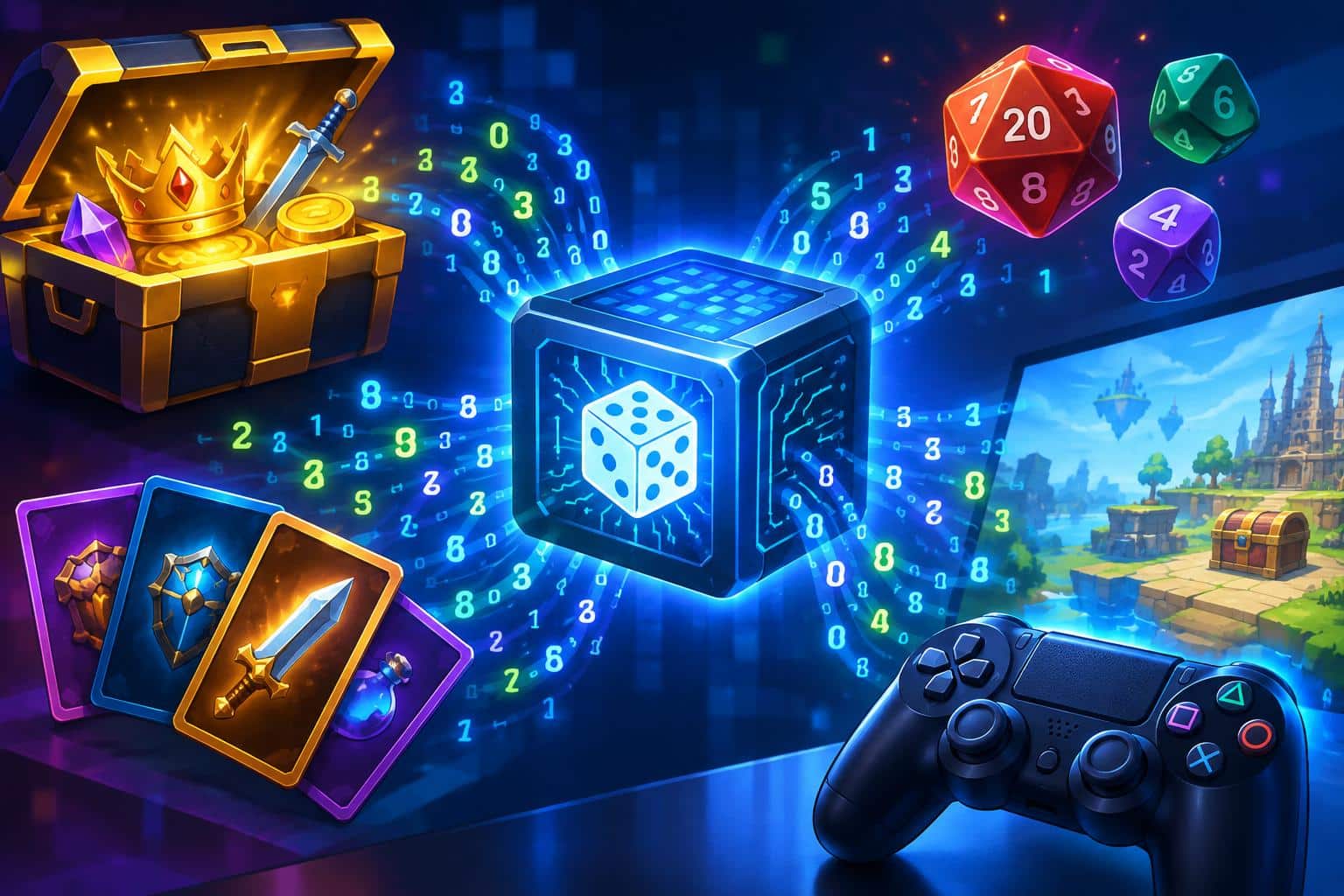 Abstract digital illustration of random number generation powering online gaming systems