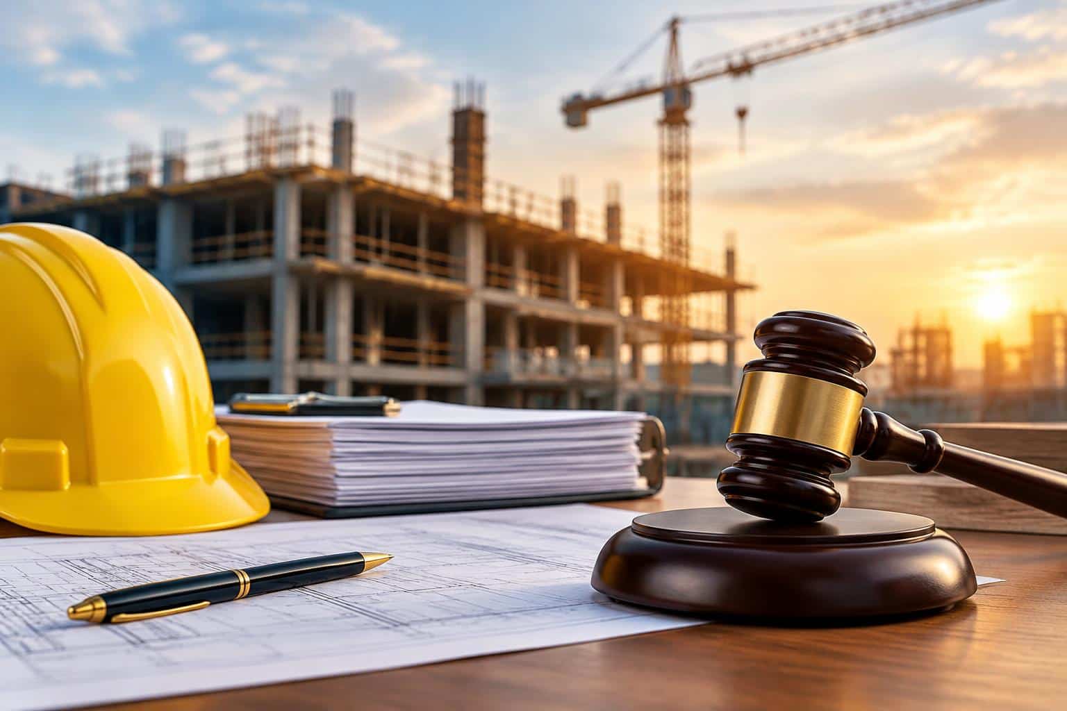 Blueprints and construction site tools illustrating legal strategies for enforcing construction liens