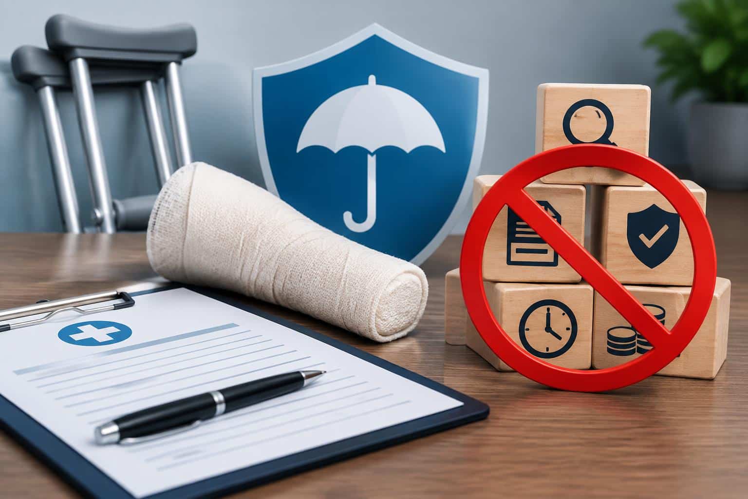 Insurance adjuster reviewing accident claim documents with denial stamp and paperwork on a desk