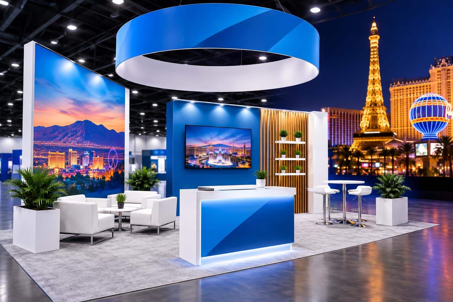 Modern trade show booth setup with vibrant display designs at a Las Vegas exhibition hall