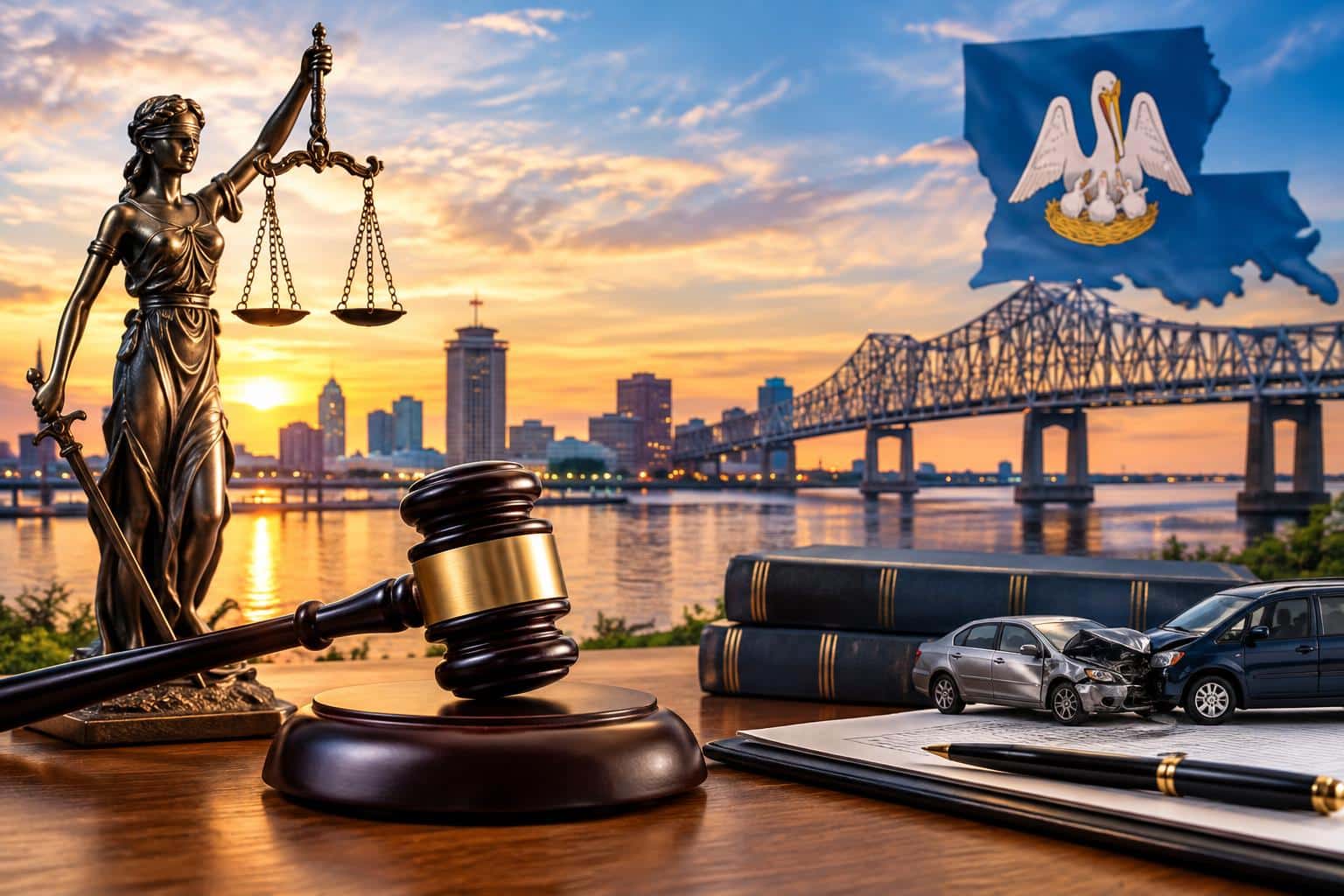 Louisiana personal injury and insurance claims attorneys showcased with legal symbols and state map