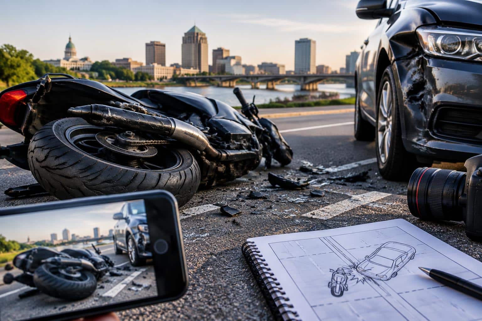 Augusta motorcycle accident scene highlighting fault determination and driver versus rider claims