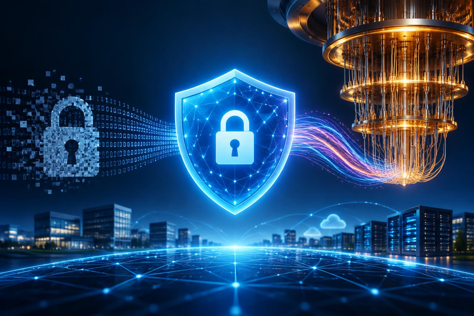 Abstract digital lock and quantum computing symbols representing cybersecurity advancements