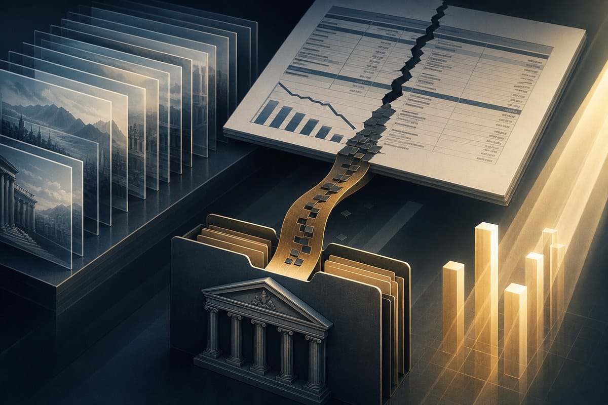 Translucent image frames, a filing folder and financial restructuring symbols.