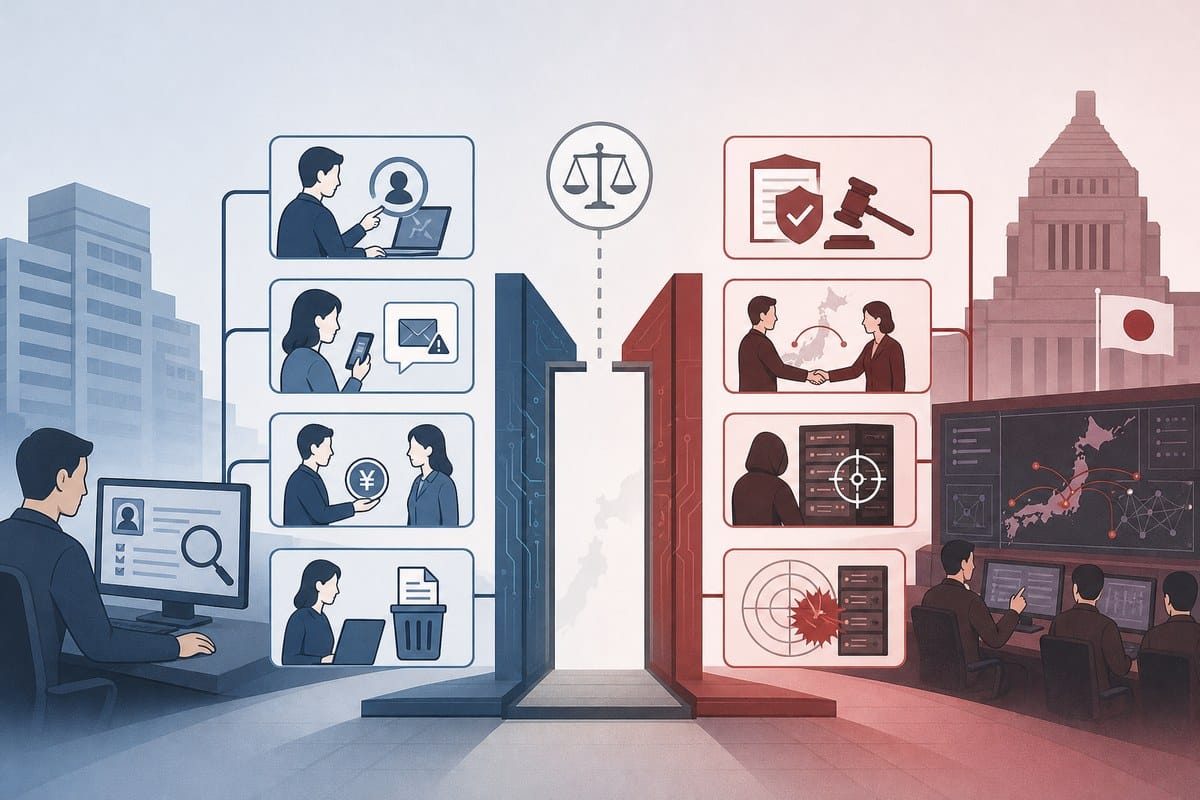 Diagram contrasting company breach response with tightly limited state cyber-defence actions.