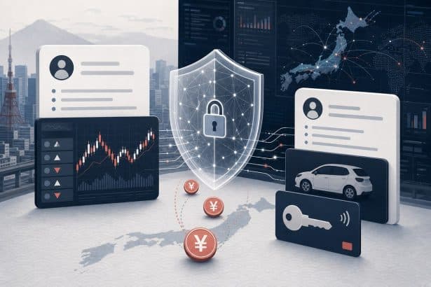 Abstract digital services panels, payment tokens and a cybersecurity network shield.