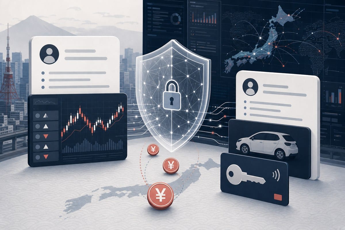 Abstract digital services panels, payment tokens and a cybersecurity network shield.