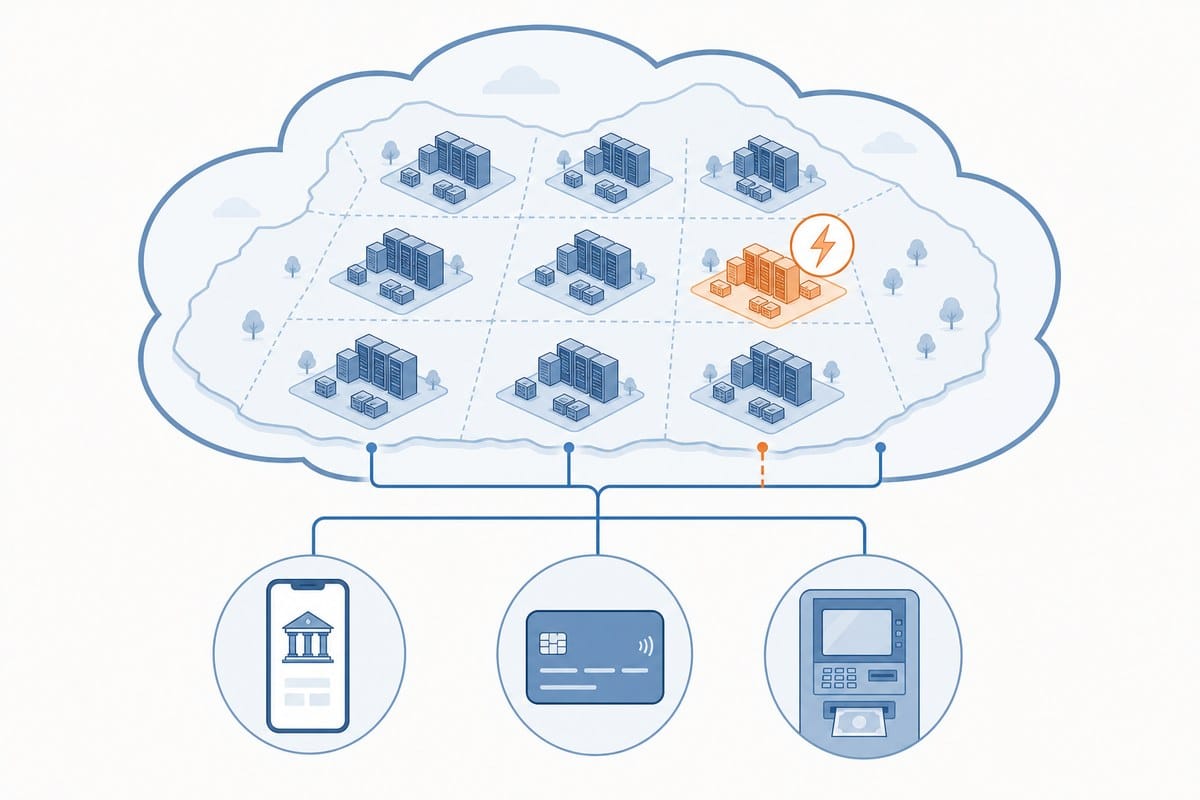Conceptual diagram of one cloud zone connecting to banking apps, payments and cash machines.