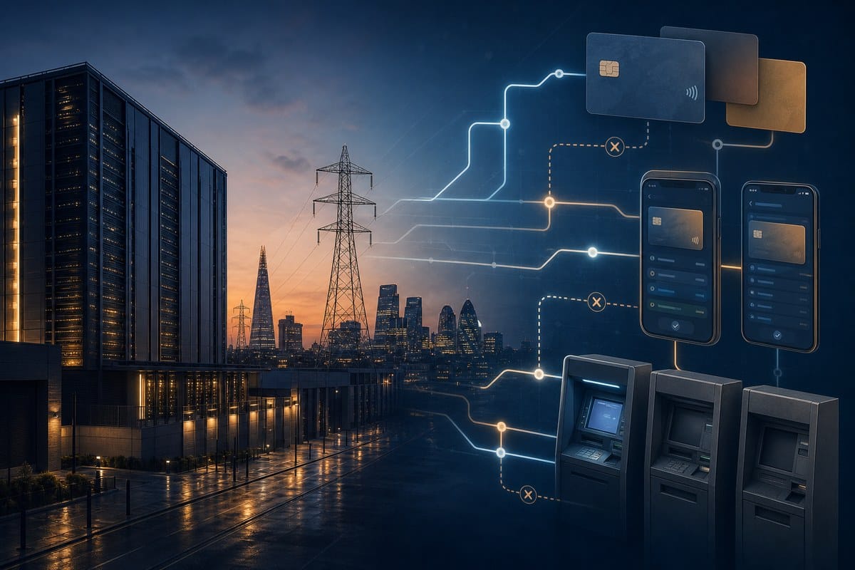 Conceptual London cloud infrastructure linked to banking apps, cards and cash machines.
