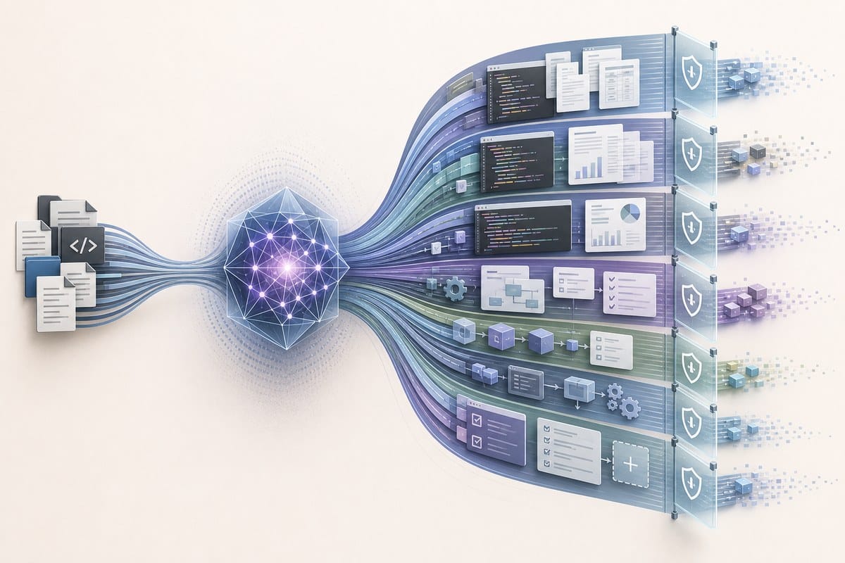 Conceptual illustration of source material entering an AI model and a much longer generated output passing through security review.