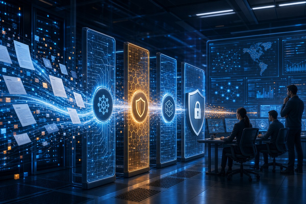 Abstract AI code stream passing through layered cybersecurity gates in a data center.