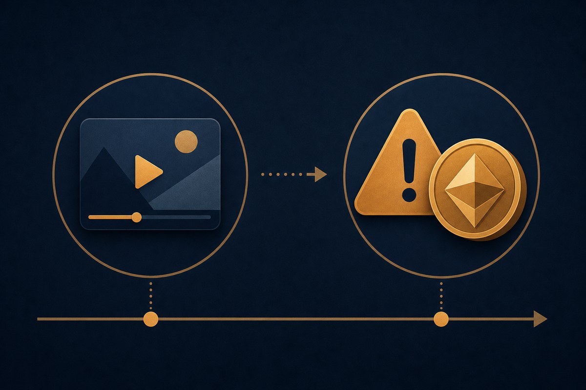 Conceptual timeline showing purported footage followed by a cryptocurrency-linked threat