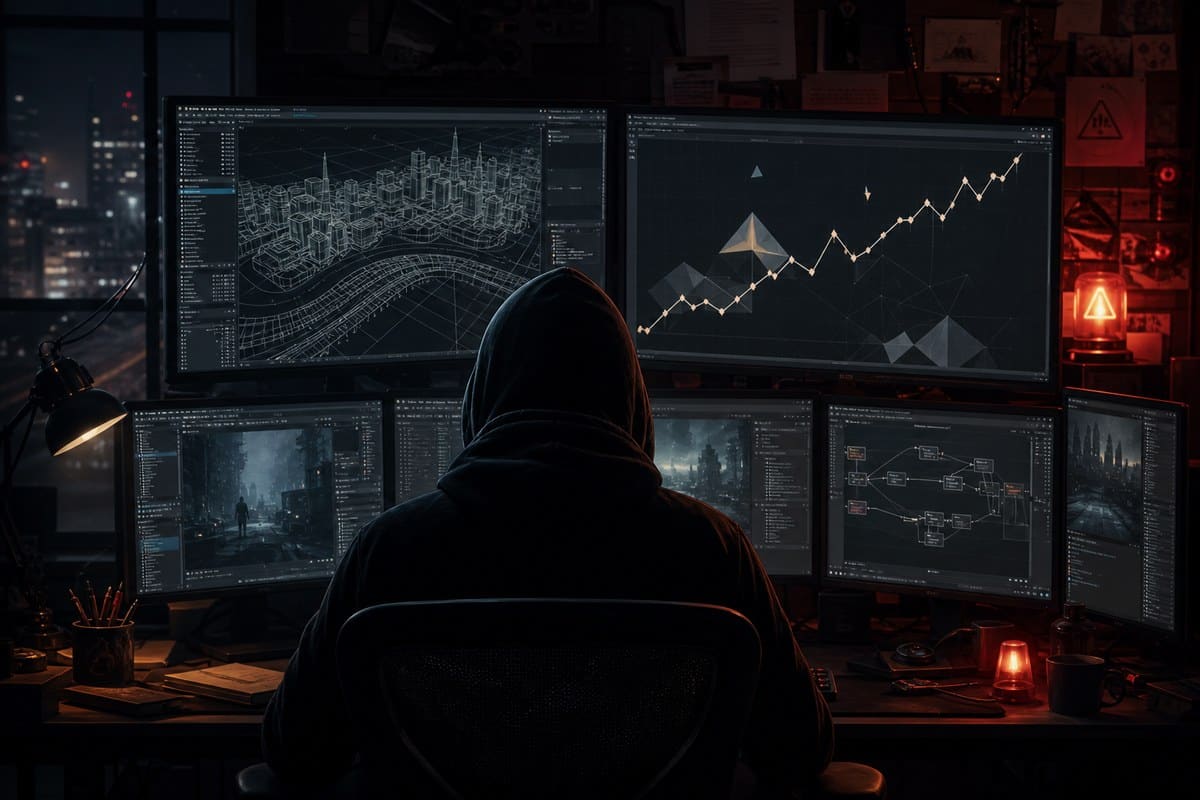 Anonymous figure at glowing monitors showing abstract game-development maps and a cryptocurrency-style graph