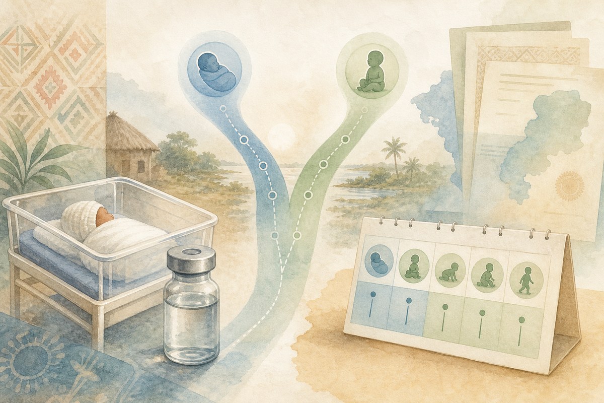 Conceptual newborn bassinet beside a vaccine vial and diverging vaccination-timing pathways.
