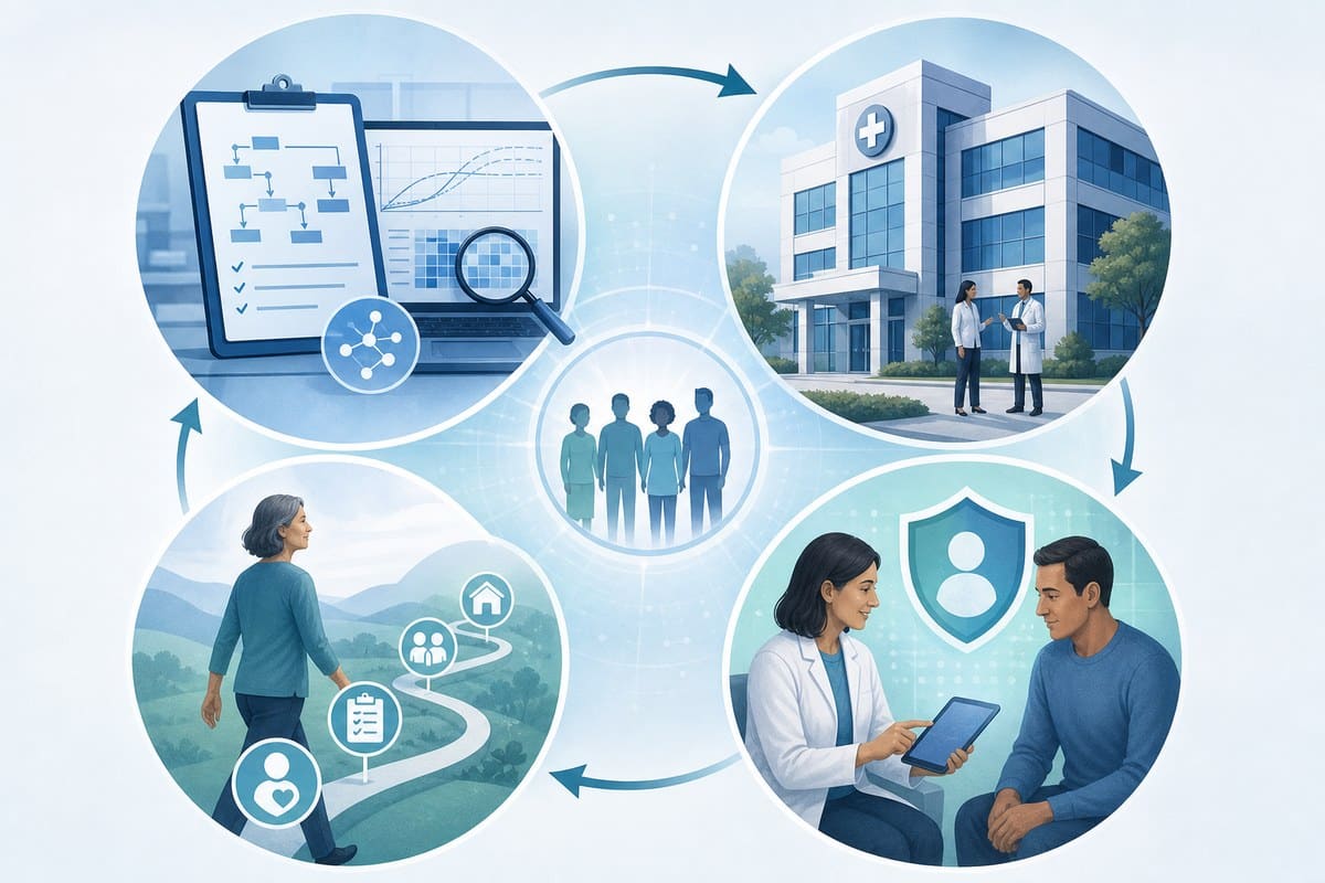 Conceptual illustration of four connected functions in a clinical trial system.