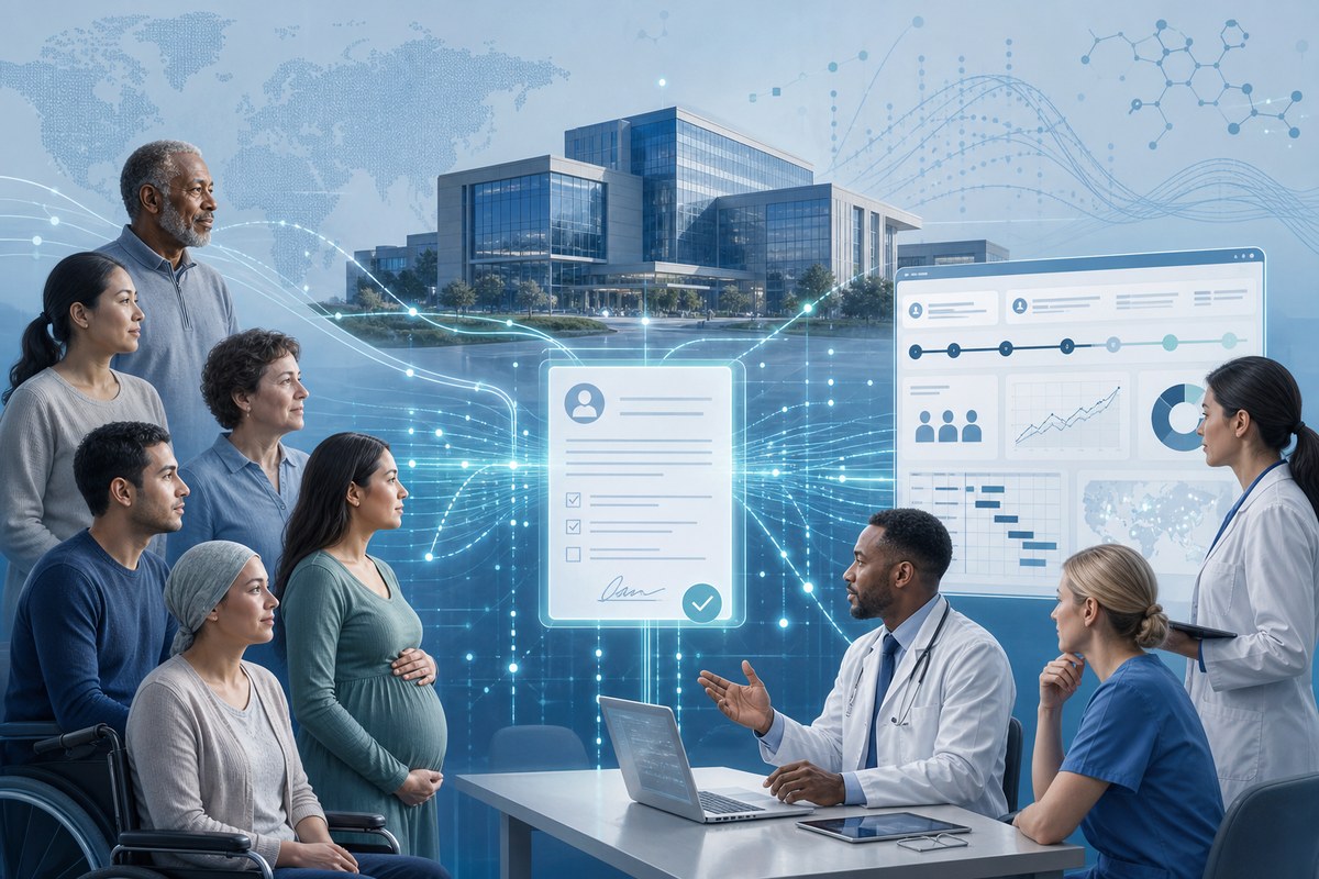 Illustration of patients, clinicians and research systems connected by data pathways.