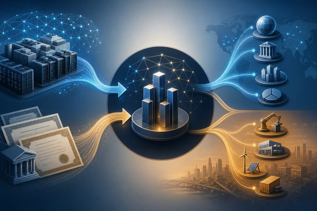 Conceptual diagram of AI investment, debt financing and spillovers into global markets.