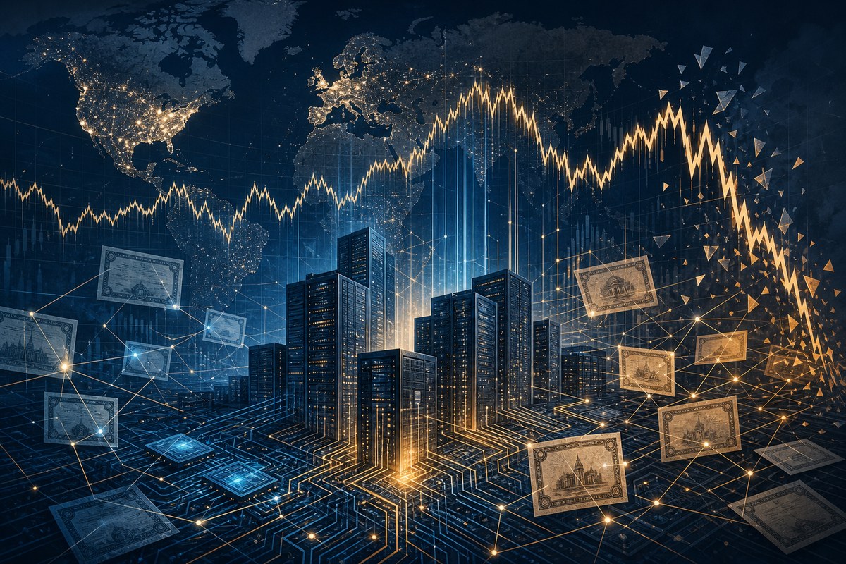 Abstract server network connected to global stock and bond market signals.