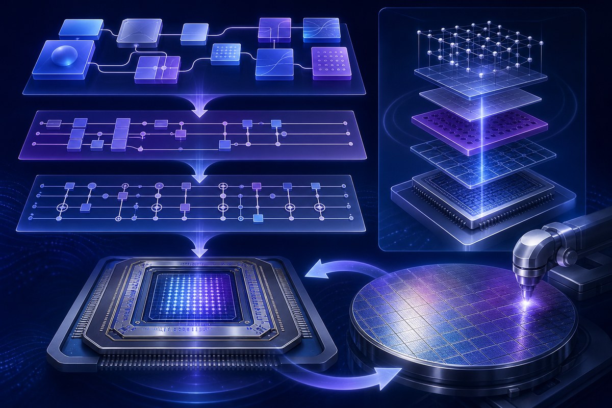 Conceptual illustration of quantum software layers connecting to a quantum chip and semiconductor wafer