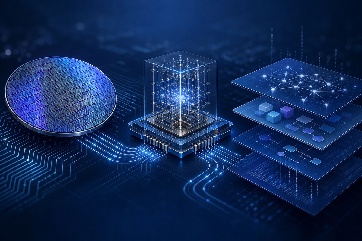 Abstract quantum processor, semiconductor wafer and connected software layers