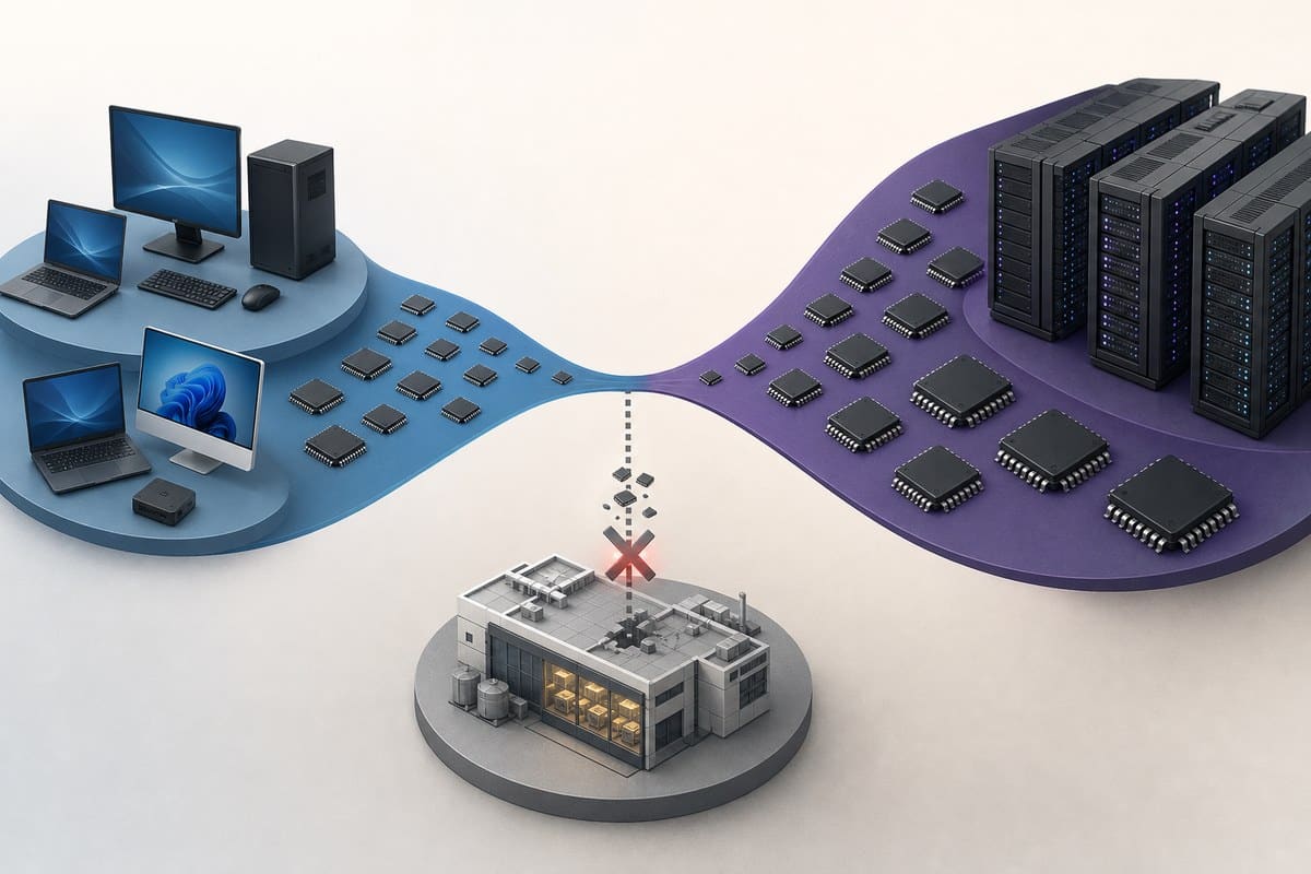 Conceptual diagram showing weaker PC chip demand, stronger server demand and a disrupted factory supply path