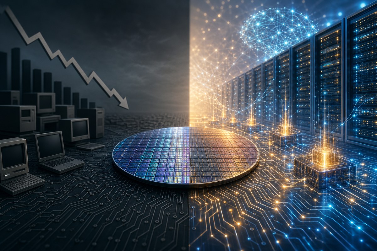 Semiconductor wafer between subdued computers and glowing data-center servers