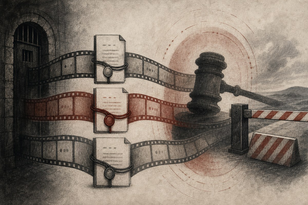 Abstract film-strip paths and court symbols representing separate legal cases over time.