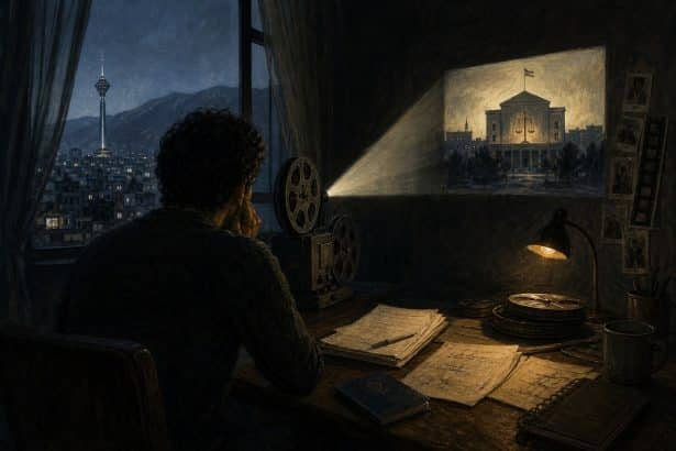 A filmmaker faces projected light in a dark room with a distant courthouse silhouette.