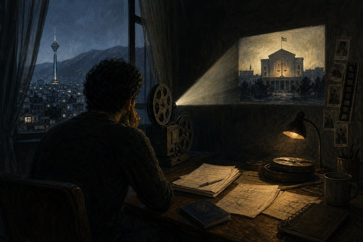 A filmmaker faces projected light in a dark room with a distant courthouse silhouette.