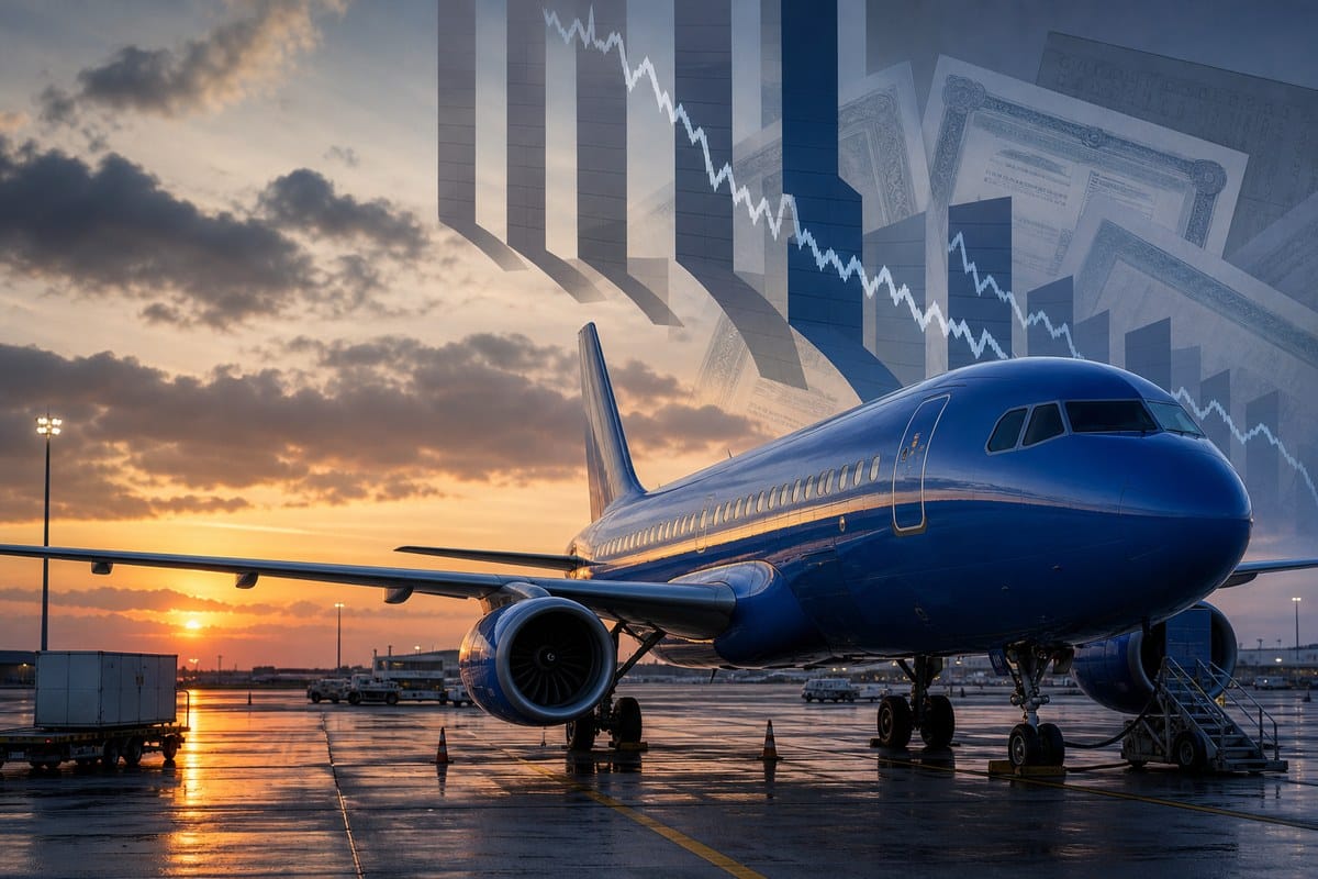 A blue passenger jet on an airport apron with abstract falling bond-price graphics behind it