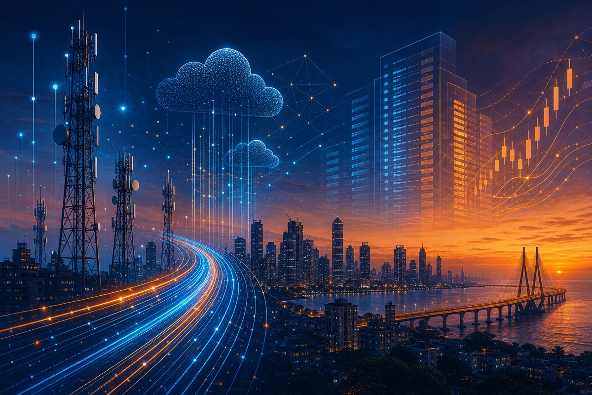 Abstract telecom towers, cloud nodes and financial order-book lights over a stylized Indian city skyline.