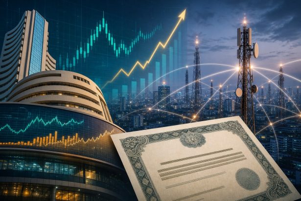 Abstract stock-market display linked to telecom towers and digital network lines.