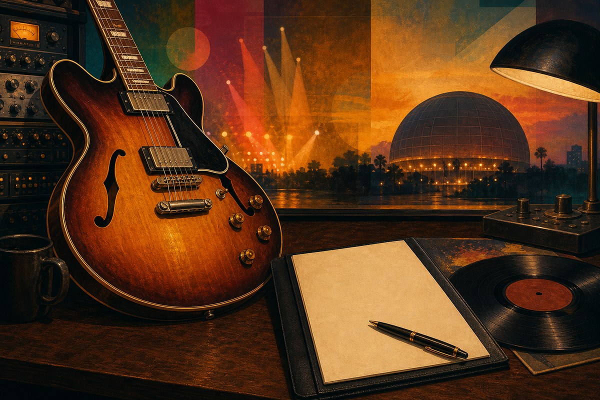 Illustrated guitar, vinyl record and contract folder in a recording studio with distant stage lights.