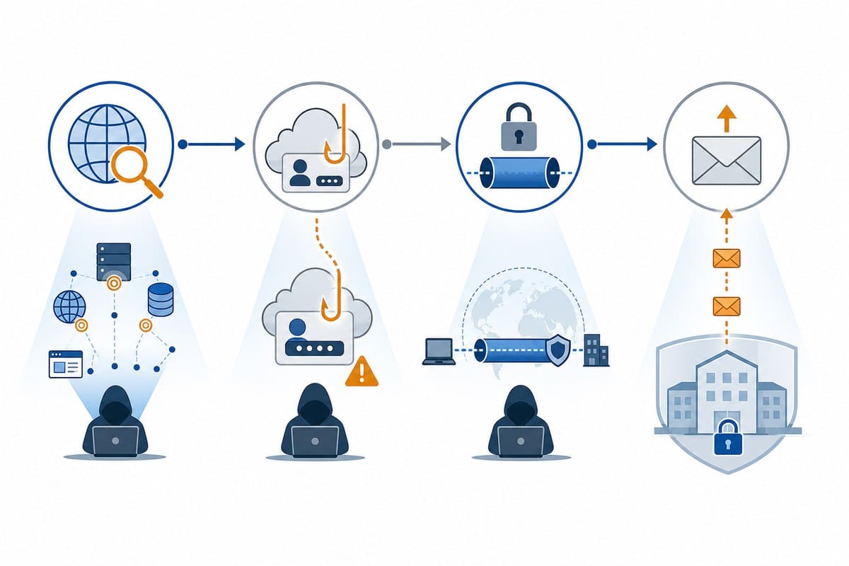 Conceptual sequence showing scanning, credential attacks, remote access and email collection.