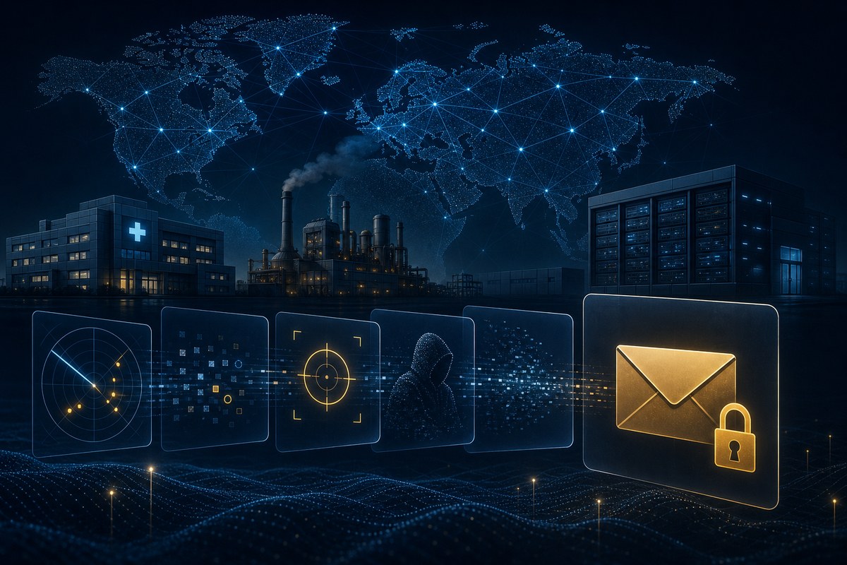 Abstract global network linking critical infrastructure sites to an email system under cyberattack.