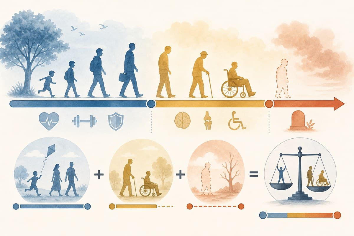 Conceptual timeline showing healthy life years lost to early death and disability.