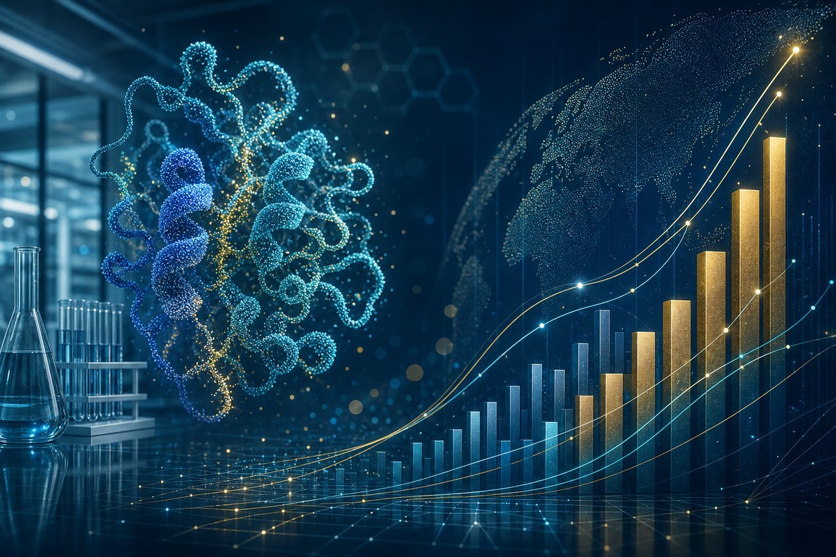 Abstract biotech protein structure beside rising market bars and capital lines