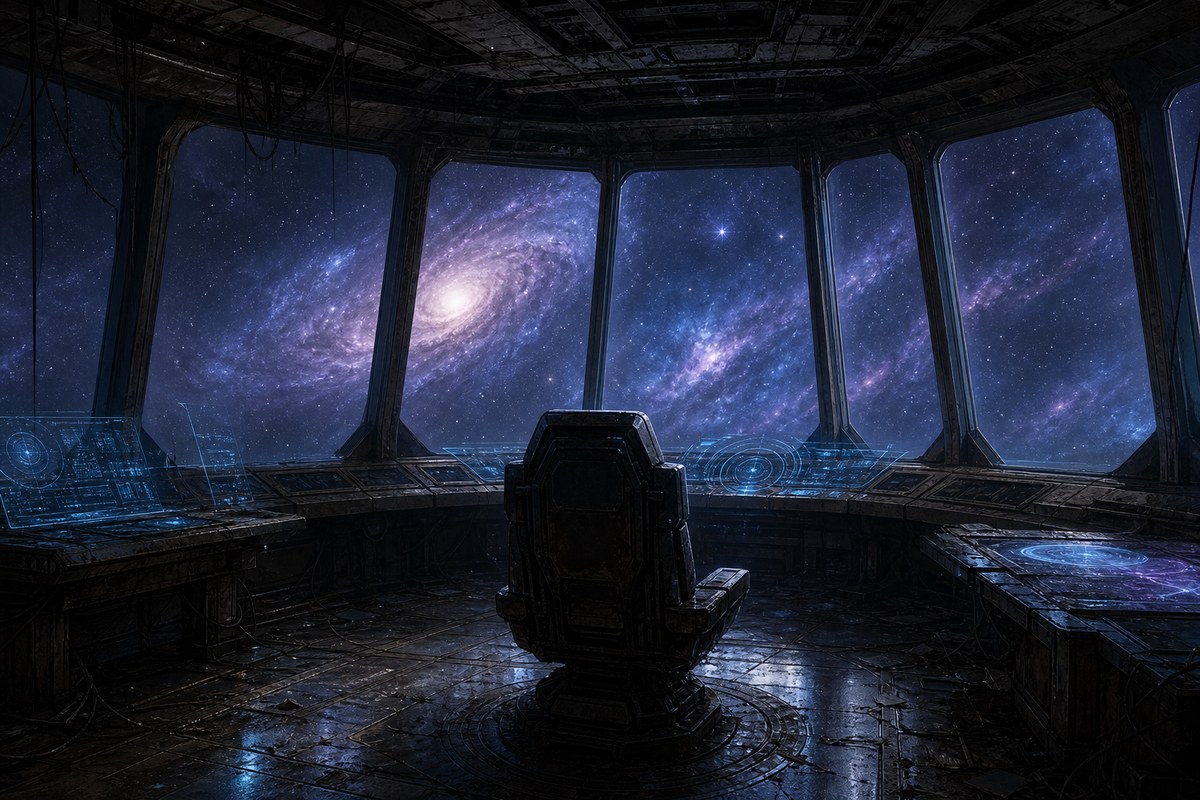 An empty futuristic command deck facing a blue-violet galaxy.