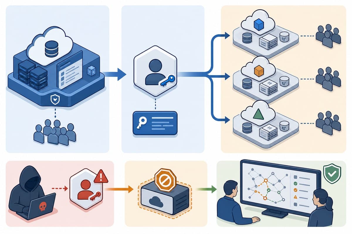 Diagram-like illustration of a compromised application identity reaching multiple cloud tenants through existing permissions.