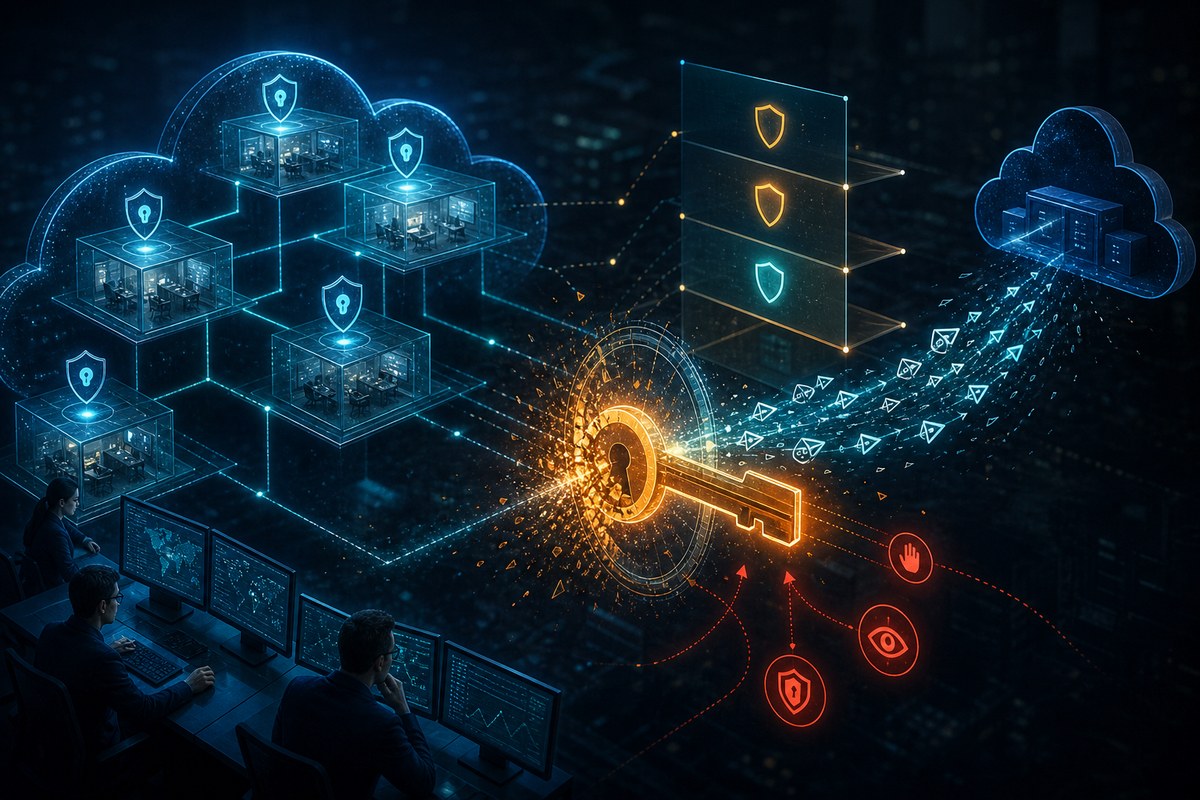 Conceptual cloud-security illustration showing a compromised third-party application gateway connecting to multiple protected tenants.