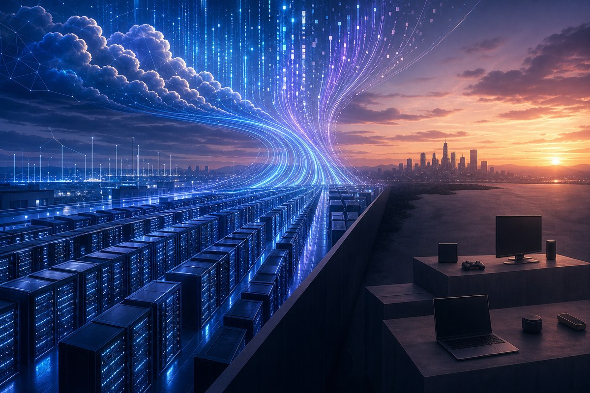 Illustrated data center with glowing server racks and rising blue data streams