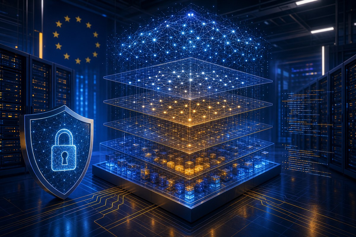 Abstract AI network modules in a secure data center with a cybersecurity shield.