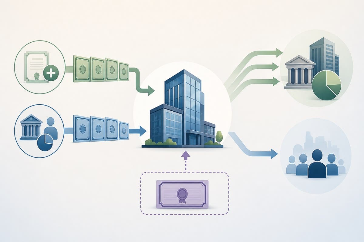 Conceptual illustration showing new shares, existing shareholder sales and an overallotment flowing to investors