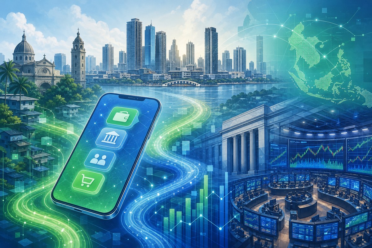 Illustration of a smartphone payment network connected to Manila buildings and market screens