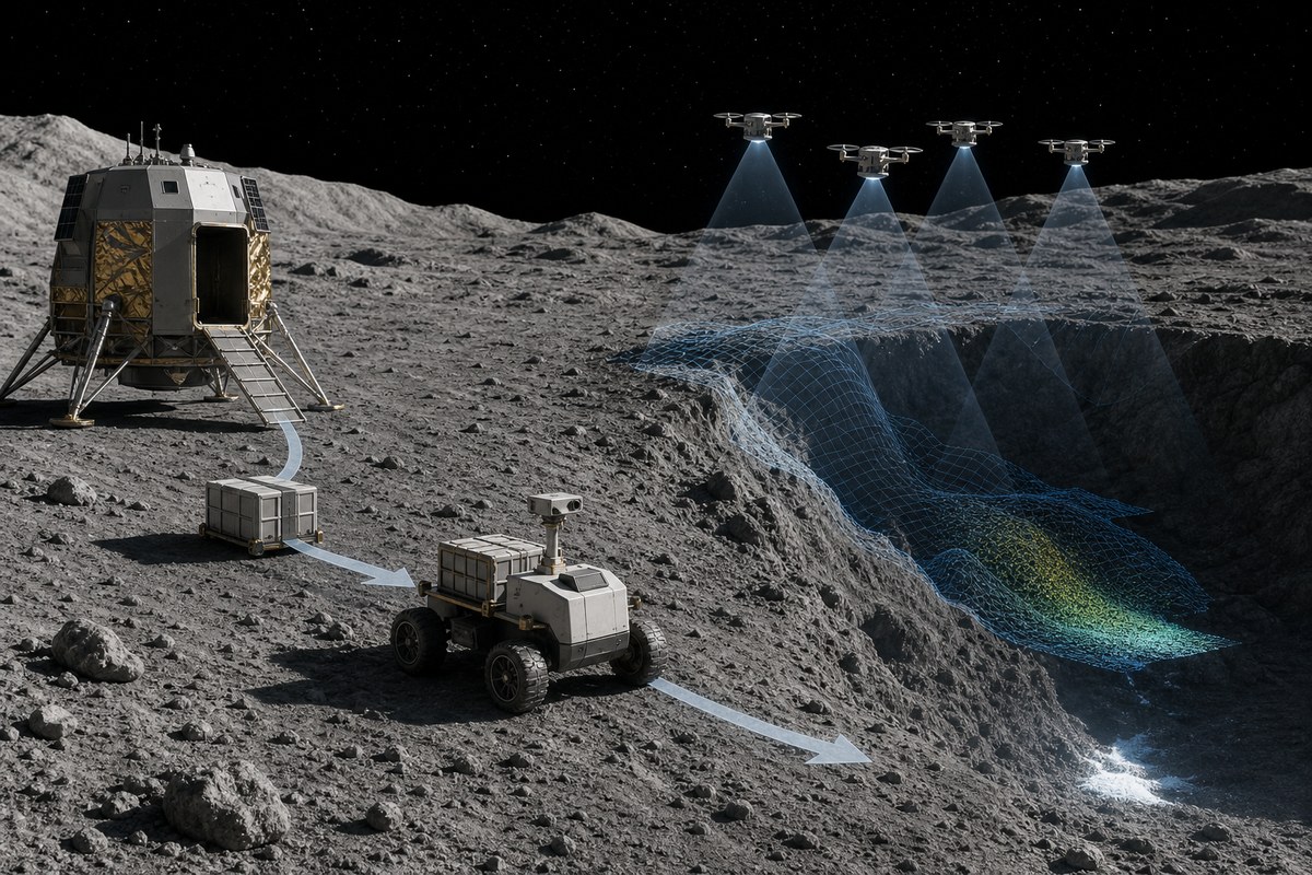 Conceptual illustration of a lander, rover and survey drones operating across lunar south-pole terrain.