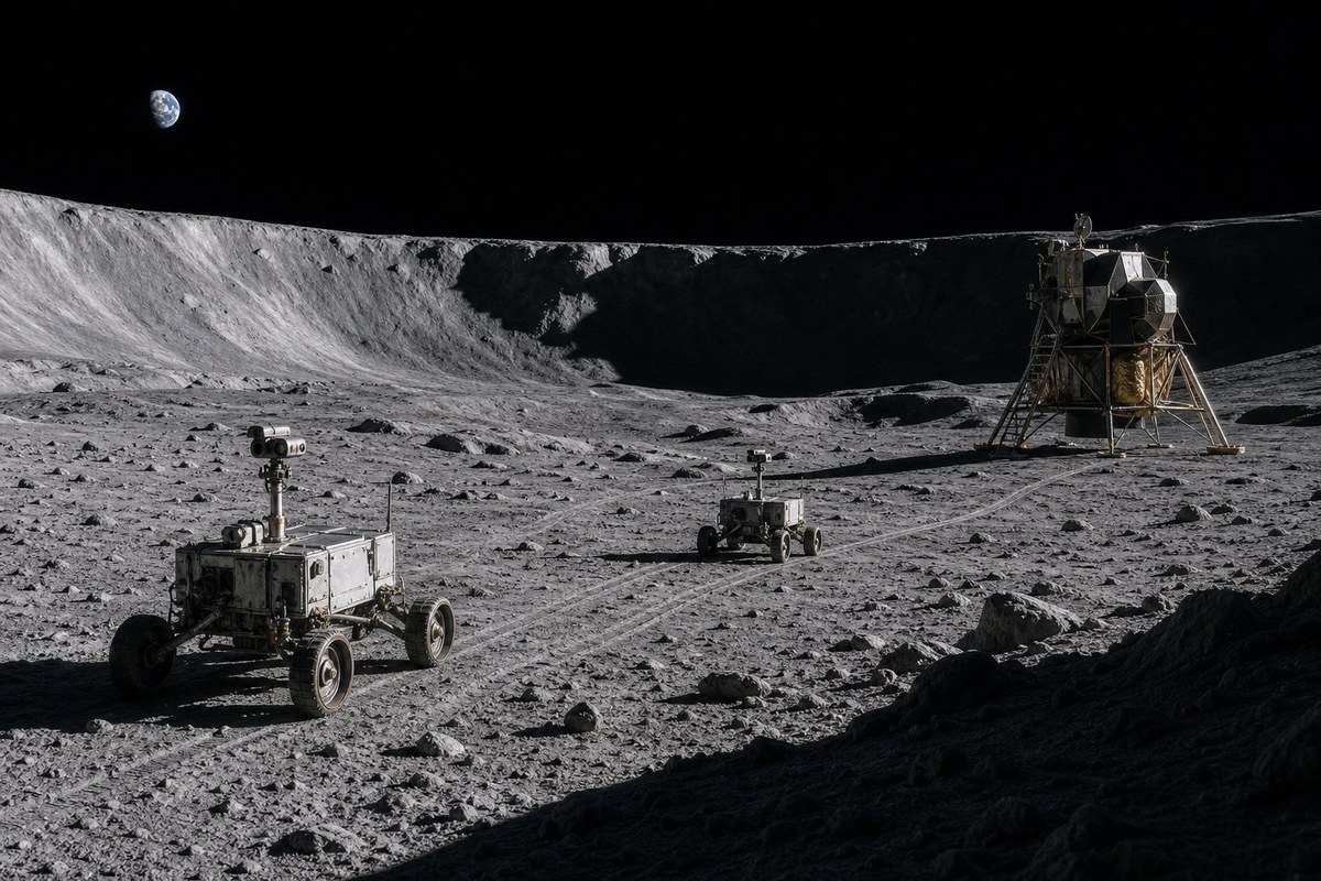 Conceptual lunar south-pole scene with two rovers, a lander and long shadows across cratered terrain.