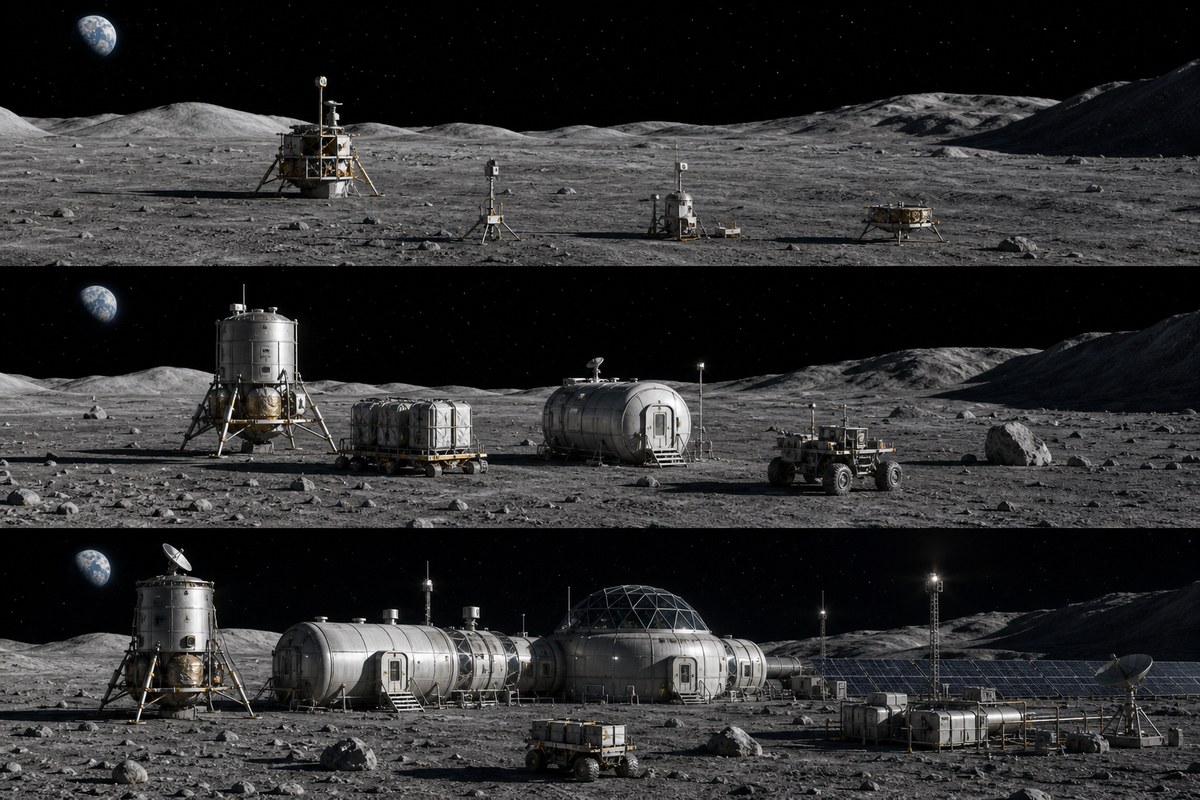 Conceptual sequence showing robotic missions developing into a larger lunar surface base.