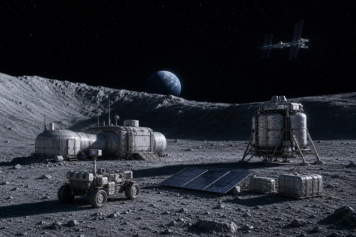 Conceptual lunar South Pole base with a habitat, rover, cargo lander and solar arrays.