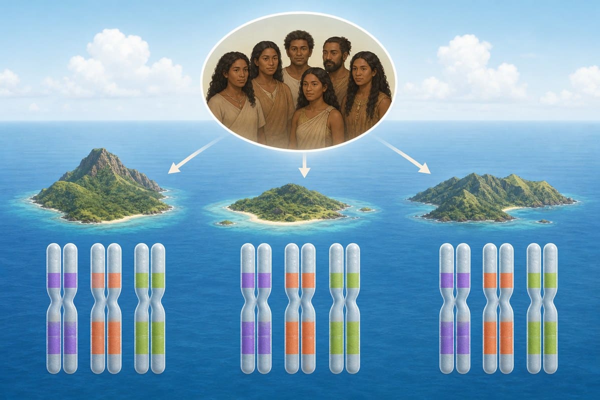 Illustration of matching chromosome segments inherited from a shared ancestral population.