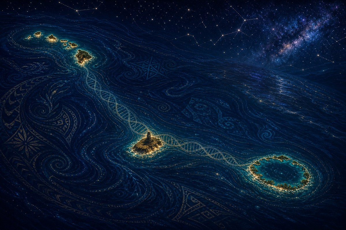 Conceptual Pacific map with luminous DNA-like connections between Hawaii, Rapa Nui and Mangareva.